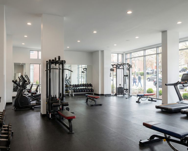 Salle d'entraînement moderne avec équipements de cardio et musculation.