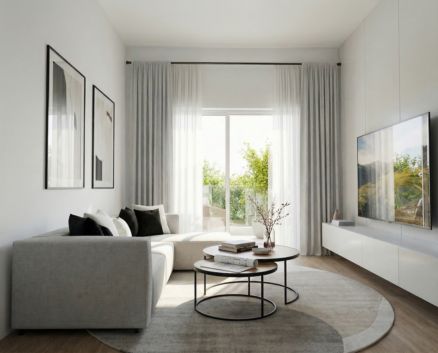 Salon moderne avec canapé gris, table basse ronde et grande fenêtre lumineuse.