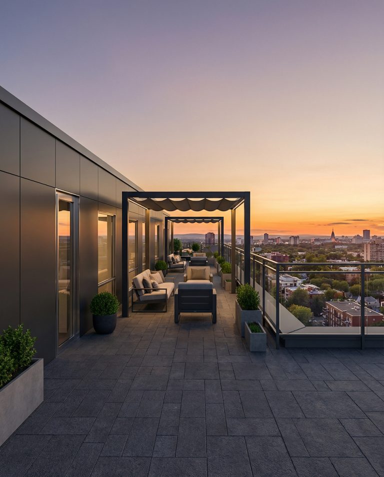 Terrasse de toit avec mobilier de salon et vue urbaine au coucher du soleil
